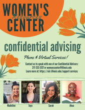A green poster with orange flowers. Four photos along the bottom show the available advisors: Madeline, Jaya, Sarah, and Akua.