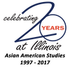 The 20th anniversary logo for Asian American Studies. Text reads "Celebrating 20 years at Illinois. Asian American Studies 1997 - 2017"
